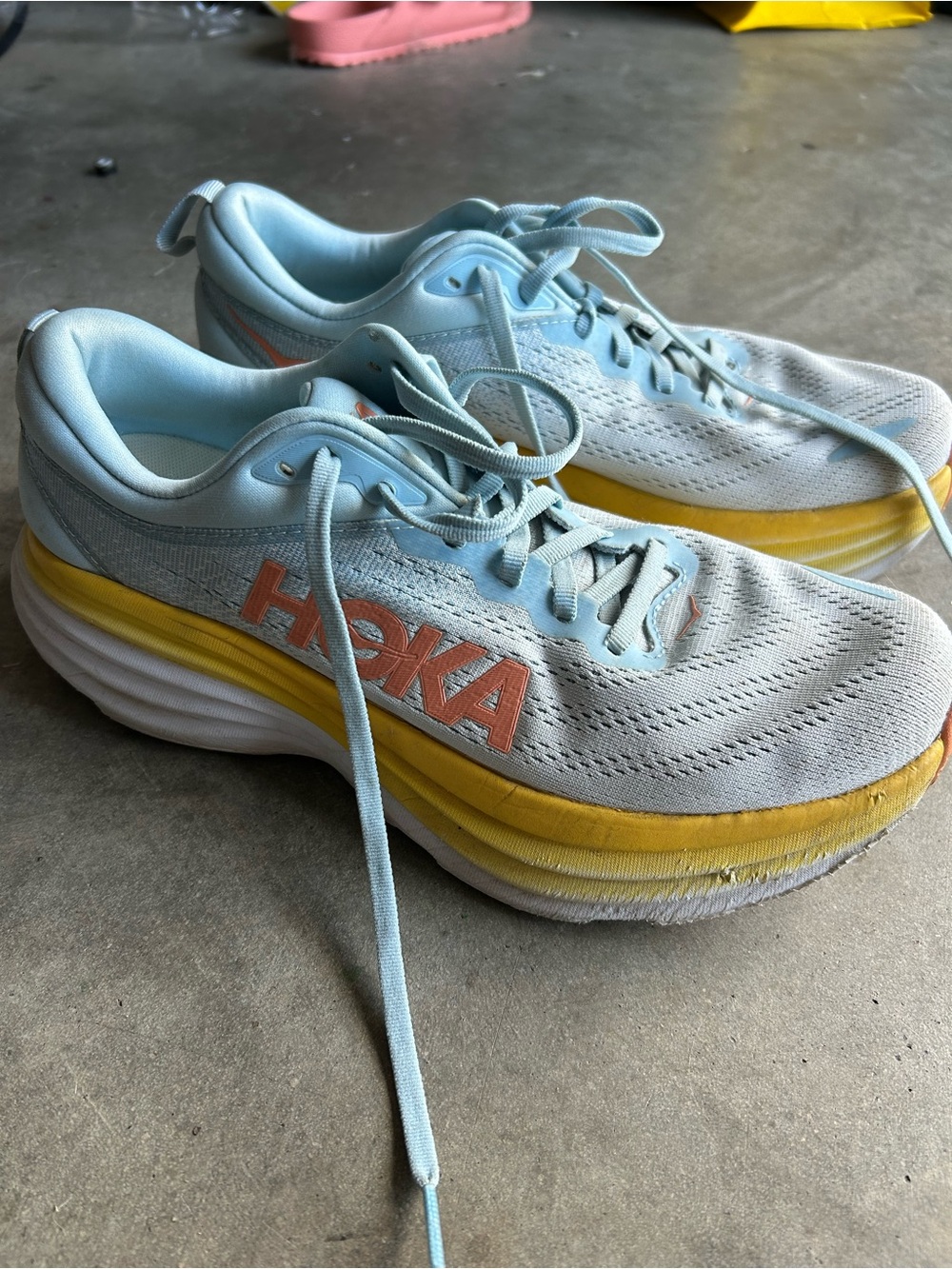 Hoka Women's Light Blue and Yellow Running Sneakers with Coral Logo